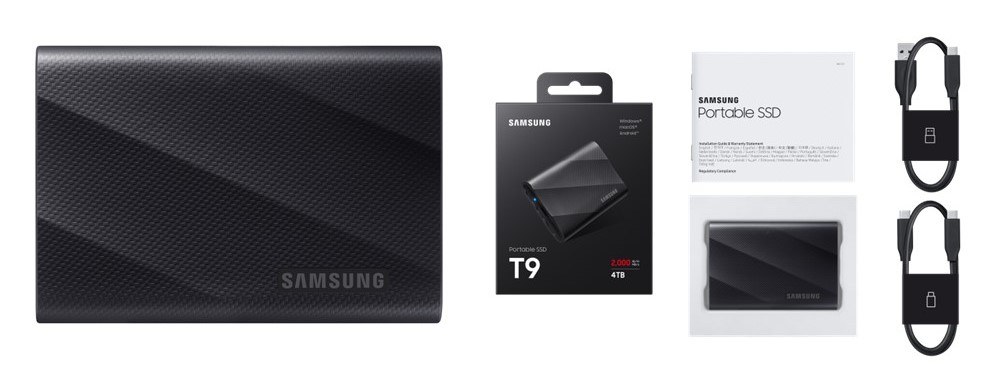 Samsung Portable SSD T9 drive, packaging and supplied cables.
