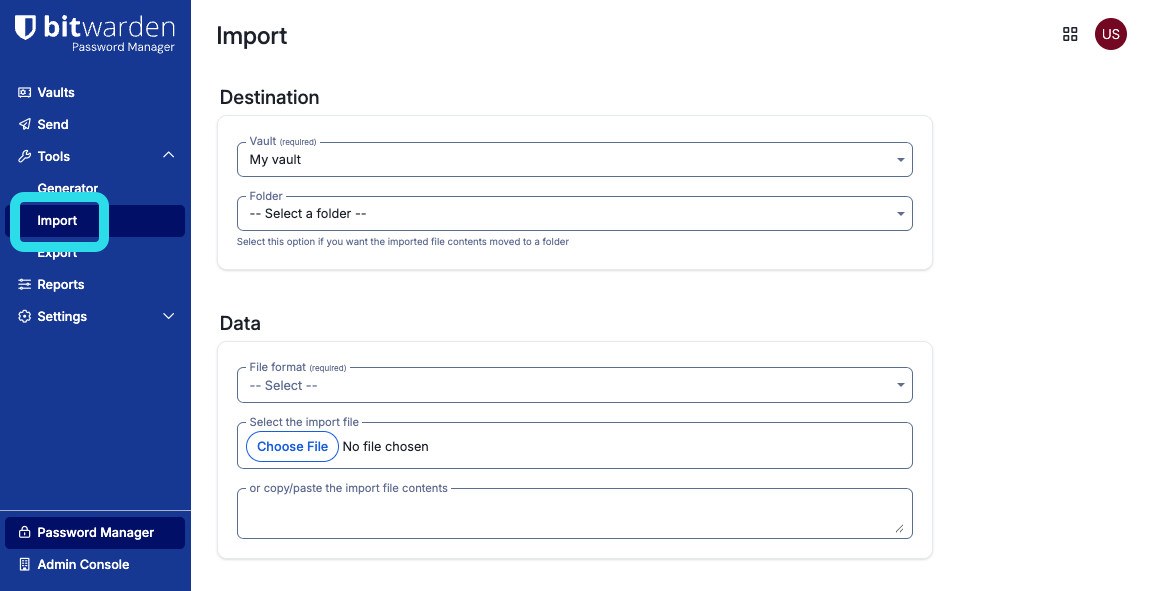 Bitwarden import screen showing available credential-import options.