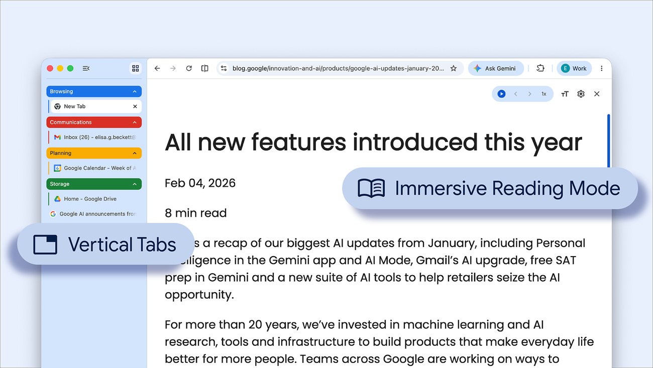 Chrome browser showing vertical tabs and full-page Reading Mode.