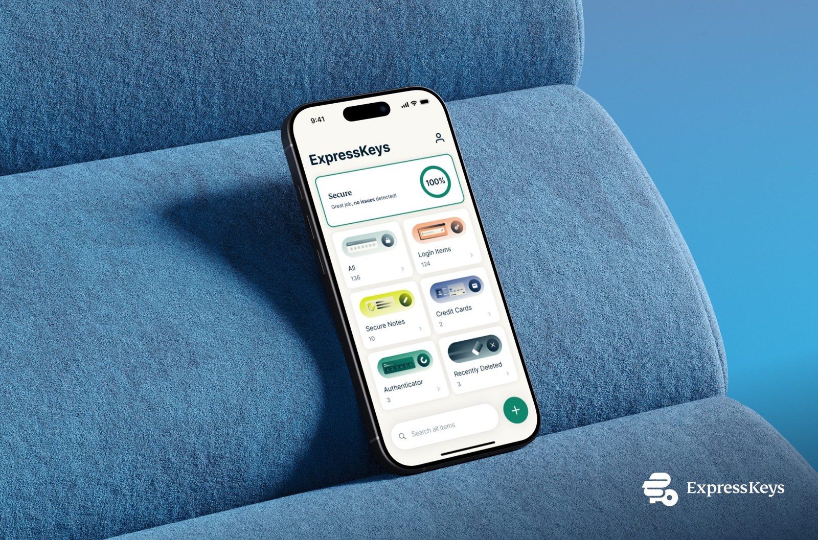 Phone displaying ExpressKeys while resting on a blue sofa