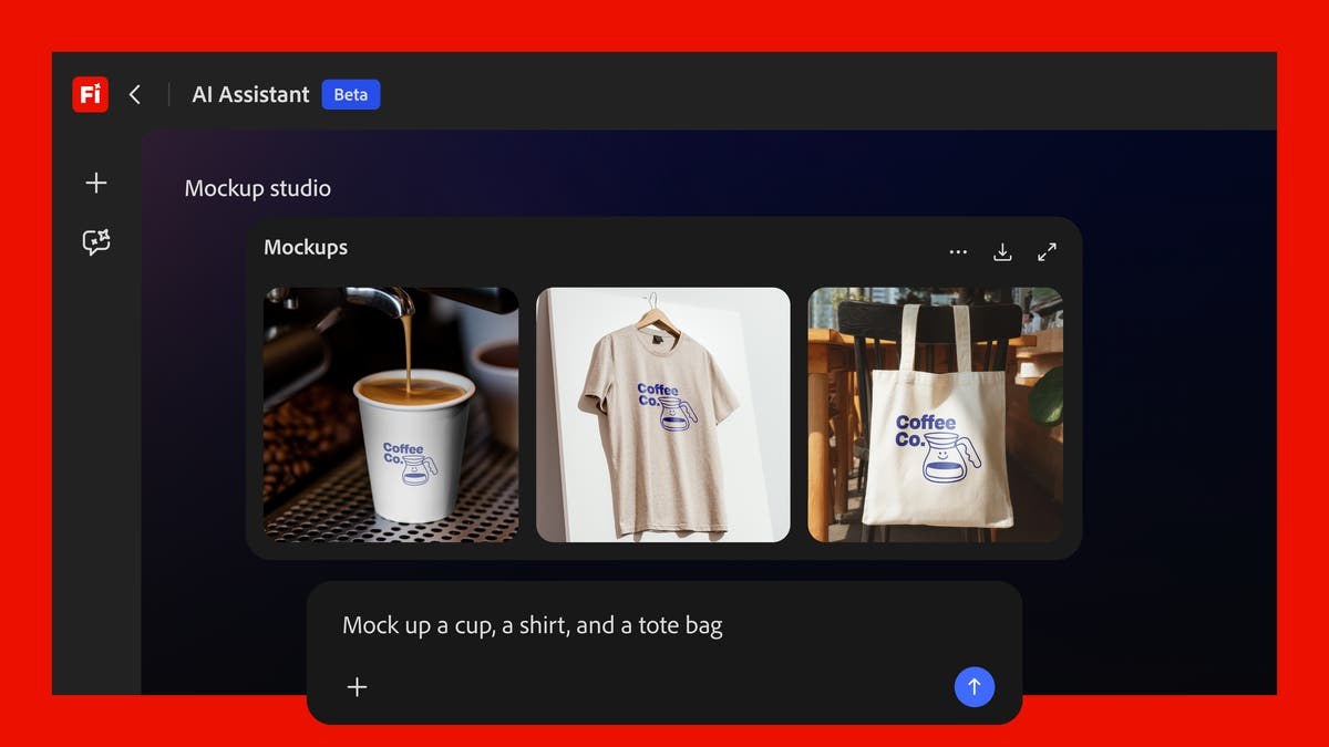 Adobe Firefly AI Assistant displaying a creative workflow and product mockups.