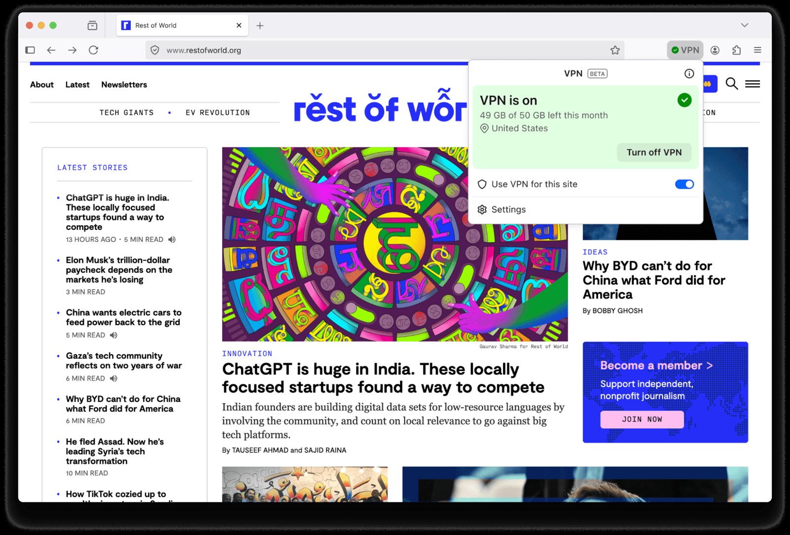 Firefox browser with its built-in VPN control open