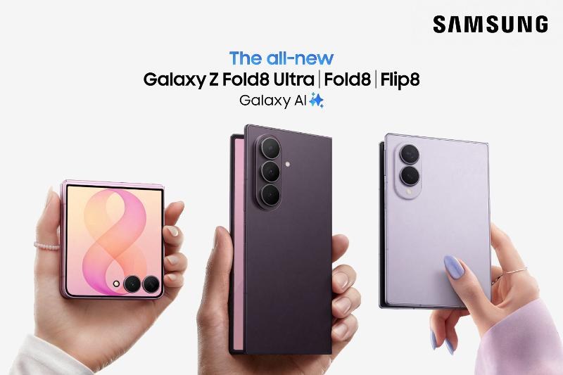 Samsung Galaxy Z Fold8 Ultra, Fold8 and Flip8 launch image.