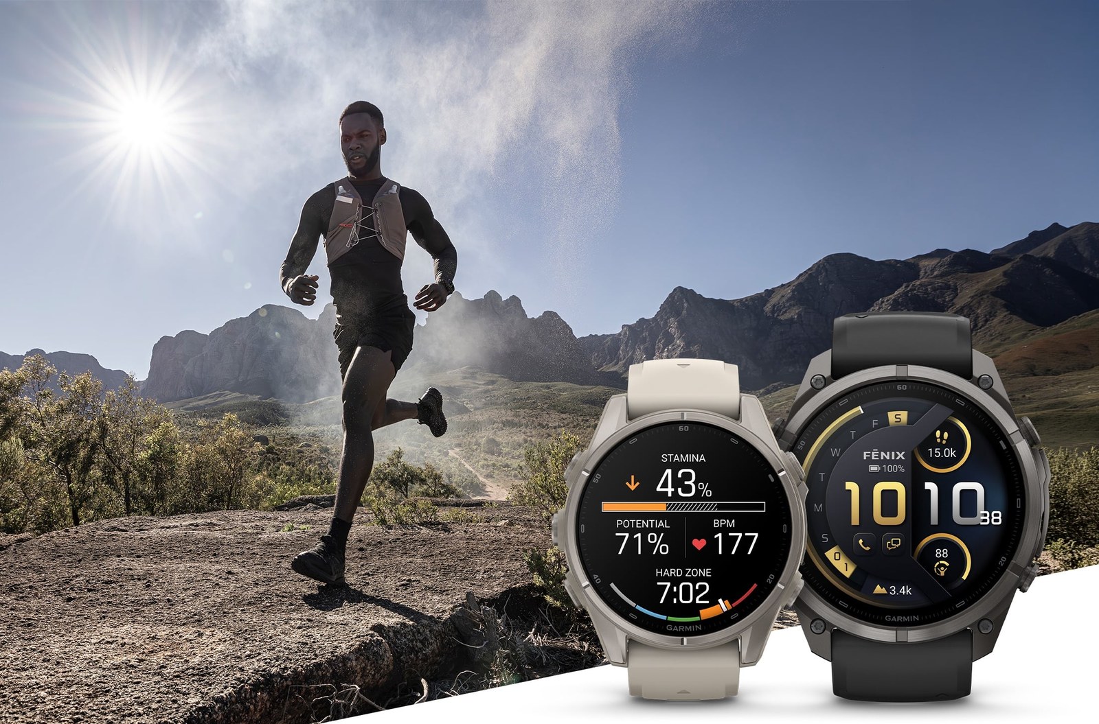 Garmin fēnix 9 watch imagery beside an outdoor runner.