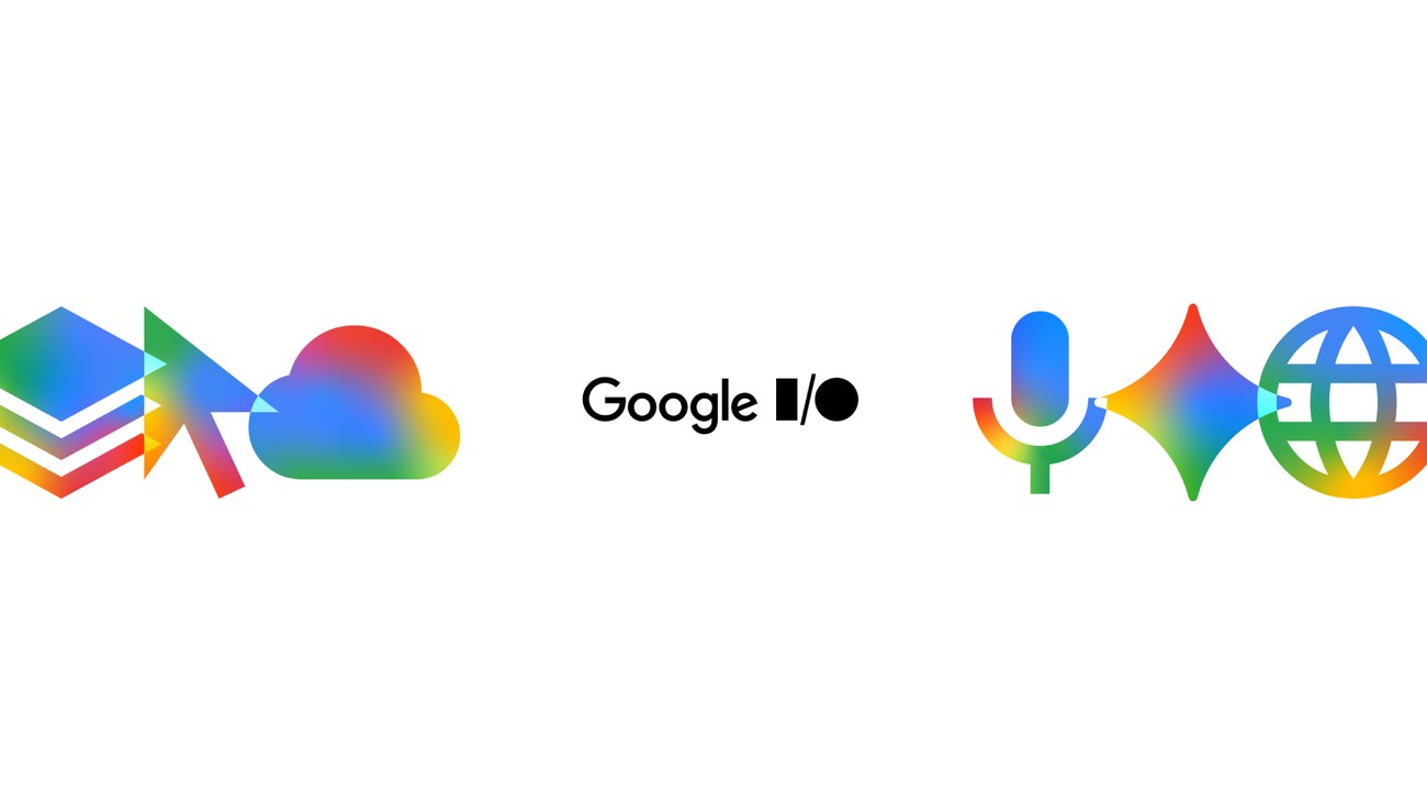 Google I/O developer announcement graphic with Google product icons