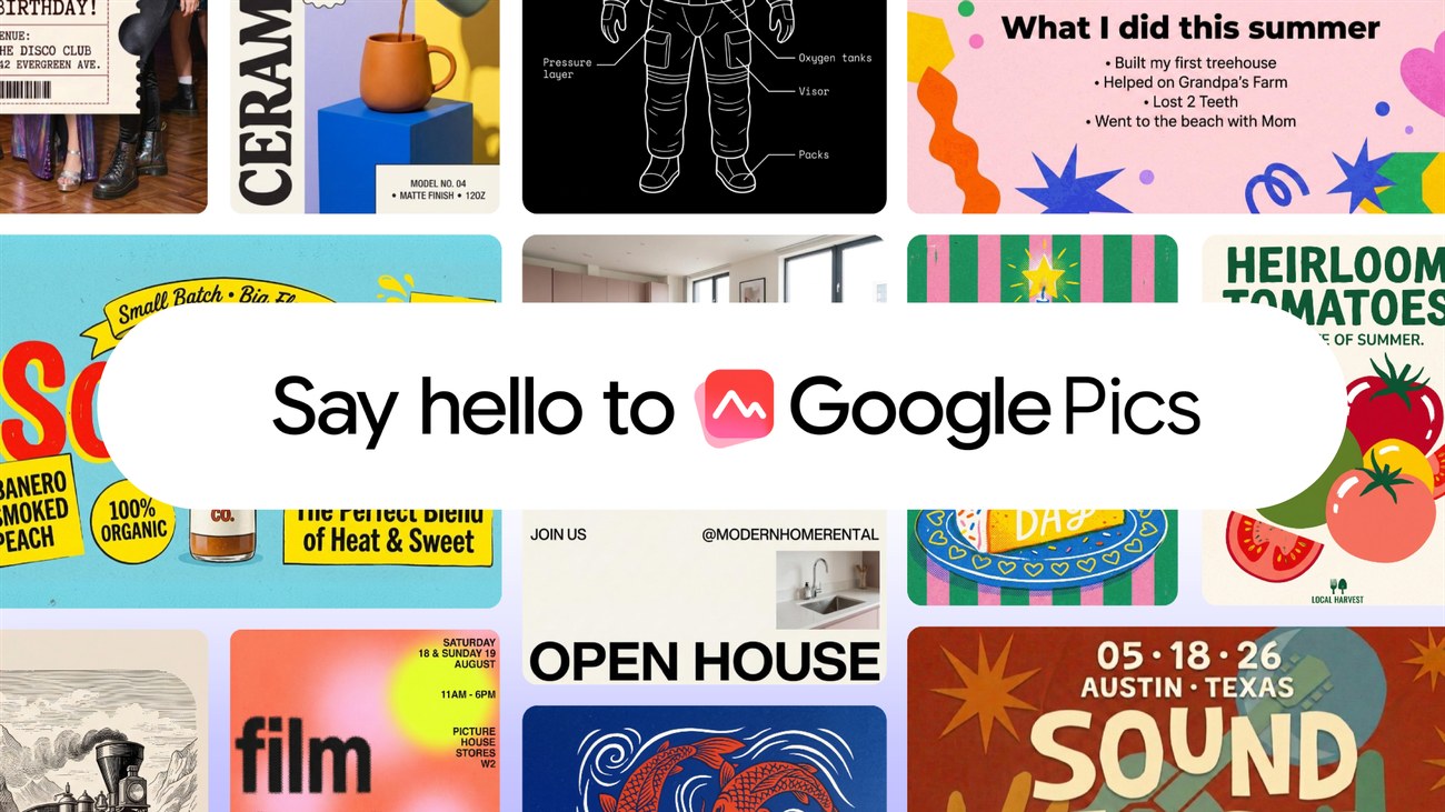 Google Pics announcement with a collage of graphic designs