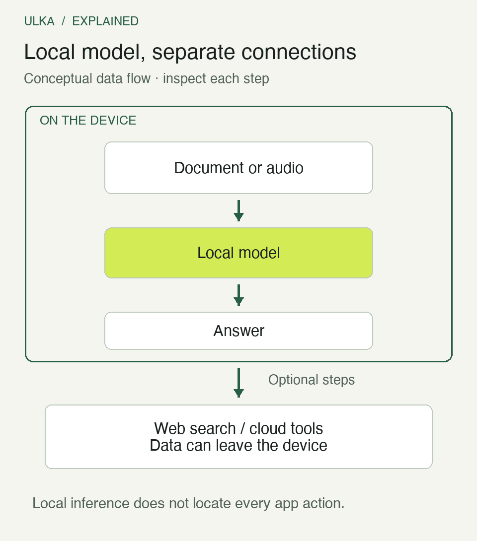A document flows through a local model to an answer on the device; optional web search and cloud actions are shown outside the device boundary.