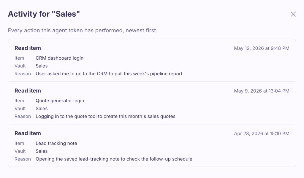 Proton Pass access-token activity log showing credential-read events