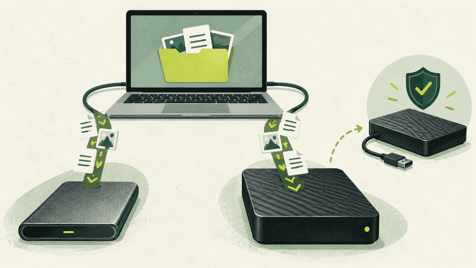 A laptop sends the same backup files to a compact external SSD and a larger portable hard drive, with a disconnected archive copy shown separately.