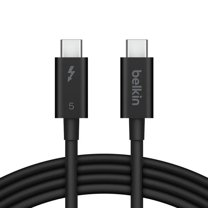 Two connectors of a Belkin Thunderbolt 5 USB-C cable.