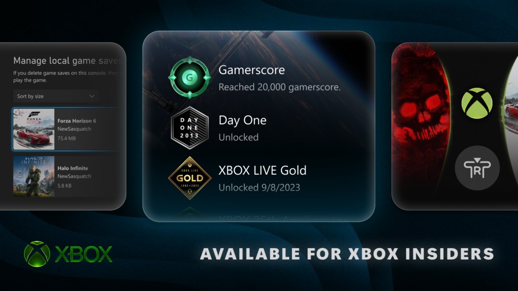 Xbox Insider preview showing local-save management and profile badges