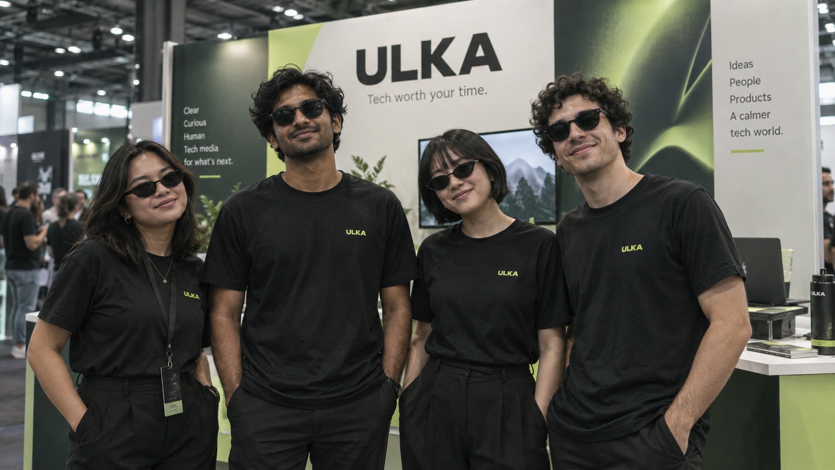 Four people in dark ULKA clothing beside an ULKA conference stand